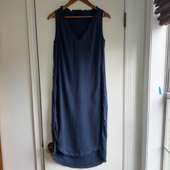 Maven West Dresses & Skirts - MAVEN WEST Navy Blue Distressed V Neck Midi Dress Size S